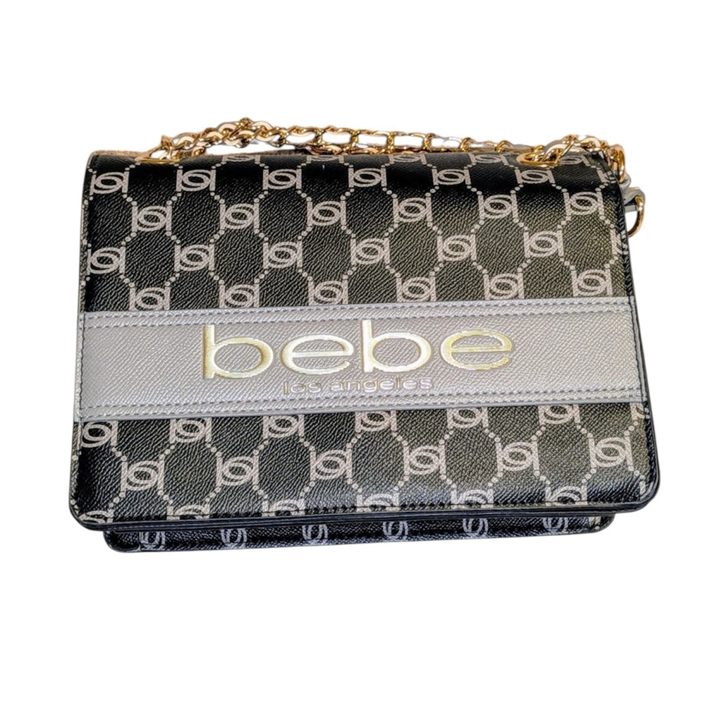 Bebe Serena Monogram Shoulder Bag Black and Gray with Gold Chain NWT